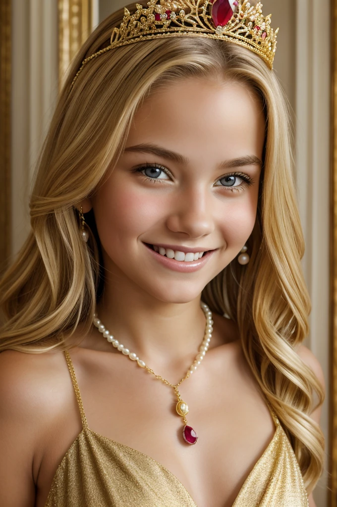 Portrait of a beautiful blonde girl of with a smile and with big breasts old tiara and with a large ruby and a pearl necklace