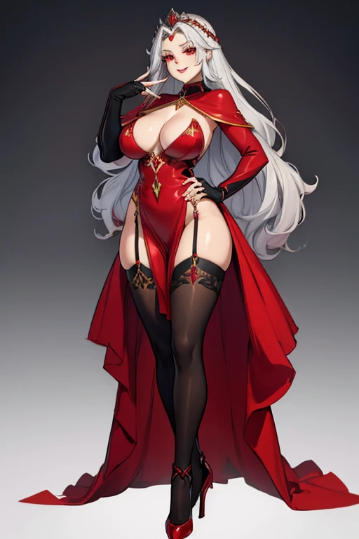 female, silver long hair, red eyes, (((1girl))), (((red regal dress))), (black fingerless opera gloves), (black tights), (red heels), (silver and gold jewelry), cute and sexy, full body, huge breasts, long legs, smiling