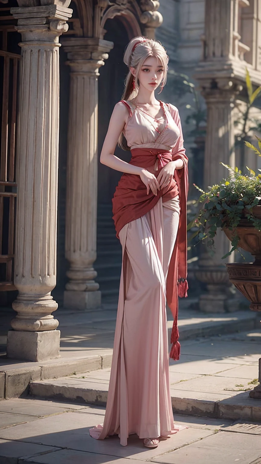 A beautiful woman standing, wearing red sari, pale skin, smooth pale skin, skin tune pink, perfect body, detailed body,((round big breast, small titts, big hips)), full body, white hair, ponytail hair, cute face, detailed face, high quality, HD, very detailed