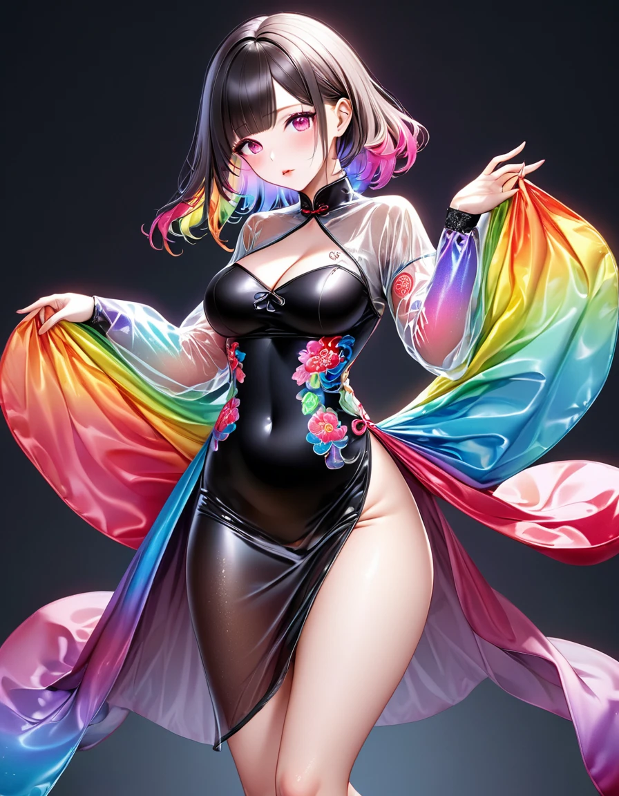 Young beautiful woman,(Highest quality,Extremely detailed depiction,Incredibly absurd high resolution,Anatomically accurate depiction,Two lovely hands, Five perfect fingers,Curvy Legs),(Glowing Skin,Shiny skin,Oilskin),(((A woman wearing a rainbow-colored cheongsam with gradient sleeves,Intricate and gorgeous embroidery,Shiny satin fabric,black tights,accessories,See-through))),eyelash,eye shadow,(Glowing pink eyes,There is cleavage in the chest,A seductive smile,Large Breasts,Glossy Lips,Shadowed face),whole body,Light blush,background:Chinese-style mansion,(From above:1.1)