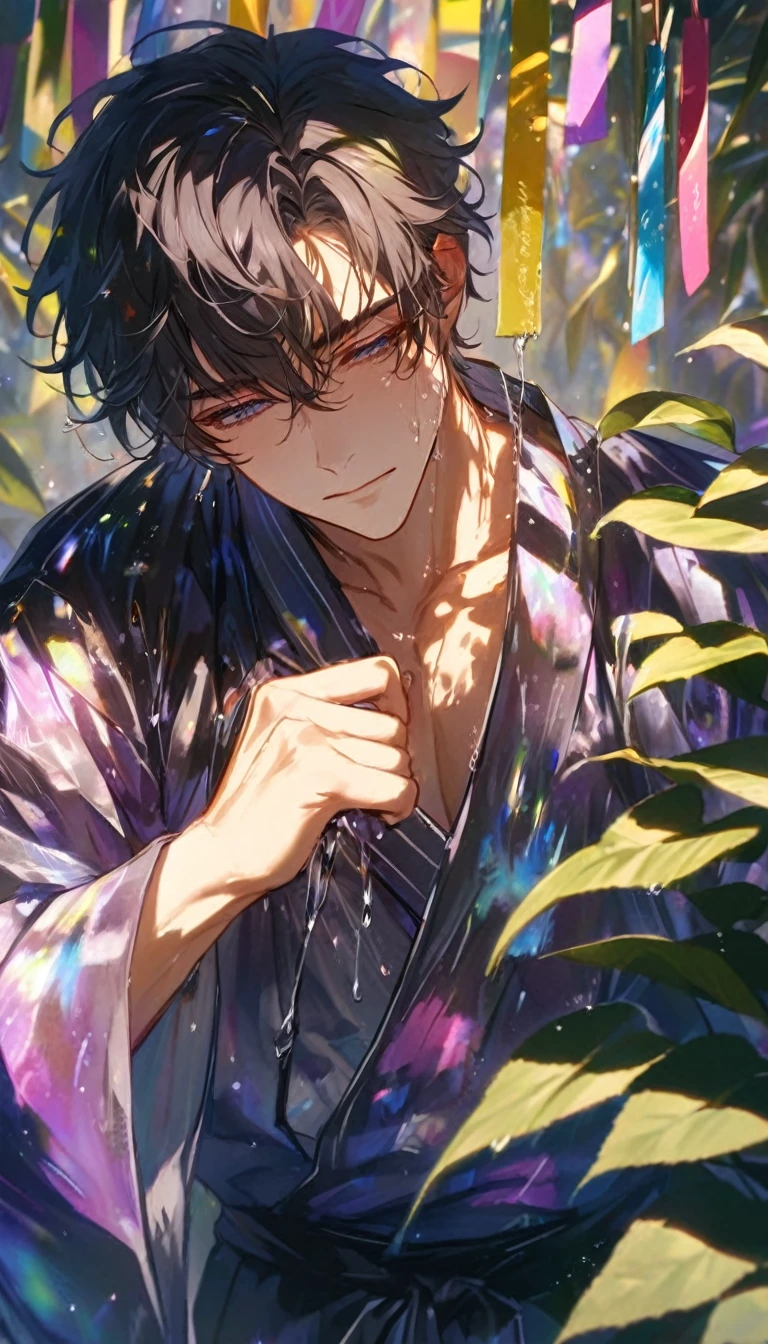 One male、Caving、Looking at a large flower、Tanabata、strip、Bamboo Leaves、stripに願いをこめて、Yakiniku in a yukata,fluid,Particles of light, dream-like,Sparkling,dream-like glow,Paint dripping,Oil,strong stroke,Paint dripping,Splash Paint Drop, Boy's(Tanabataライトトレース:1.25),After change (Radioluminescence Light Tracking) スタイルTanabataのSummer festival,Temple Fair,Summer festival,Iridescent、16K, Ultra-high resolution, to be born,wonderful ,future、Iridescent、The world 30 years from now。