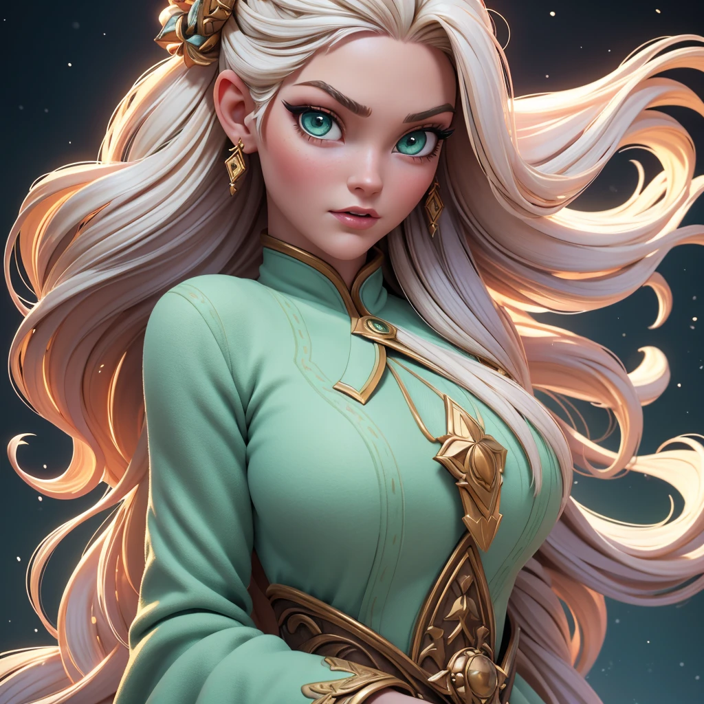 vintage style fantasy, masterpiece, magnificent art, best quality, 1girl, close-up girl nordic princess, Scandinavian mountains, winter weather, symmetrical and hyper detailed face, silky skin like peach silk, vibrant and aggressive green eyes, white and messy hair up to the waist, sculptural body, (sparks: 0.7), Adobe Illustration, Trand on Artstation, 8K, hd, UHD, cold and soft lighting, --q 500 --s 100, -