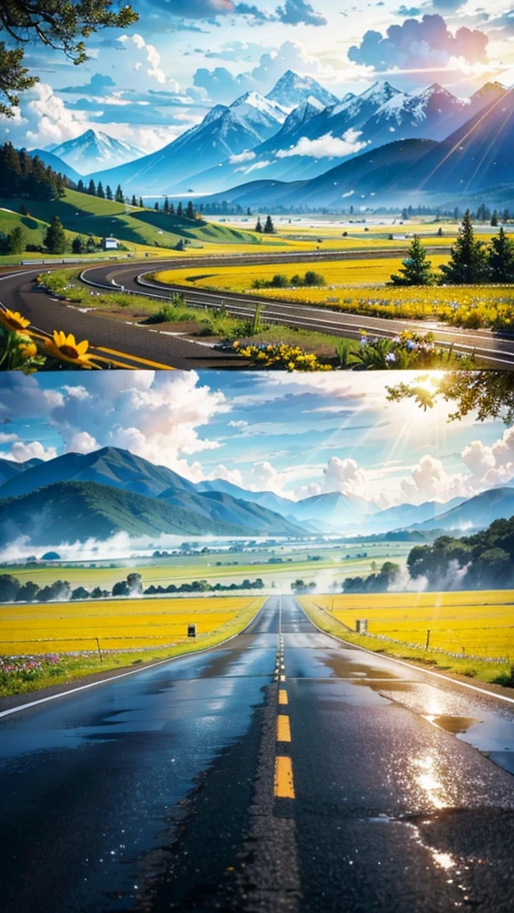 plains, Wide highways, Flowers and trees in the middle and on both sides of the road, Sunny and rainy, Half rainy and half sunny, Light through the clouds, Raindrops in the air, Mountains in the distance, Mountain vegetation