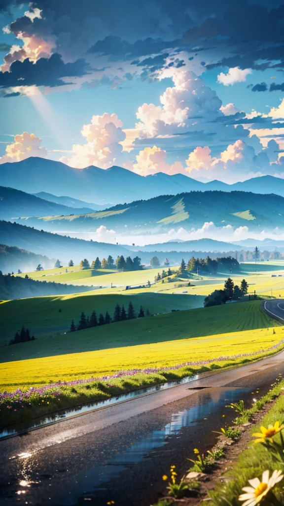 plains, Wide highways, Flowers and trees in the middle and on both sides of the road, Sunny and rainy, Half rainy and half sunny, Light through the clouds, Raindrops in the air, Mountains in the distance, Mountain vegetation