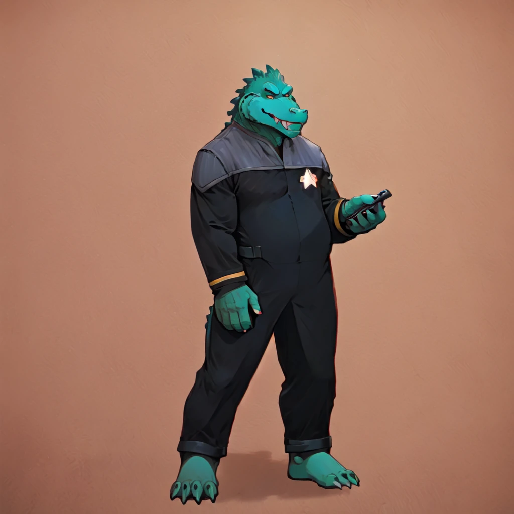 (((Barefoot scaley character, full body, cinematic setting, furry male, plantigrade))) 
Doctor (((kingkrool))), crocodile, green skin, reptile, gold bracelets, scales, bloodshot eye, fat, obese,
exudes confidence and authority, wears star trek DS9 doctor teal uniform, ((ds9st, black and grey star trek uniform, grey shoulders, teal neck, black jumpsuit, black pants)) dynamic pose, holding medical tricorder
((starship interior with many screens and consoles)), futuristic look, metalic, bright colors
BREAK, intricate details, highly detailed, extreme detail, octane render, fine art, best quality, highres, (detailed face:1.5), ((full_body)), UHD, (((perfect hands))), ((low light:1.5))