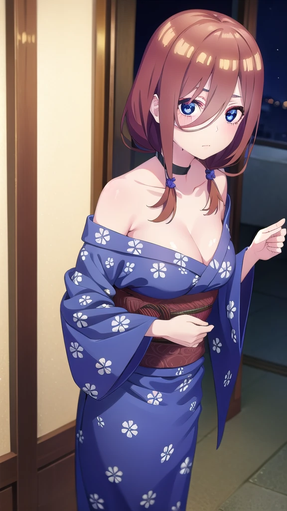 BREAK indoors, festival,night,stars,starfalls,wet road, BREAK looking at viewer, BREAK (masterpiece:1.2), best quality, high resolution, unity 8k wallpaper, (illustration:0.8), (beautiful detailed eyes:1.6), extremely detailed face, perfect lighting, extremely detailed CG, (perfect hands, perfect anatomy),Miku Nakano, Miku Nakano Chick III, Long Hair, Bangs, Blue Eyes, Brown hair, Hair between the eyes,medium Breasts,japanese clothes,kimono,wet kimano, yukata,cleavege,neckline,black choker, naked shoulders,