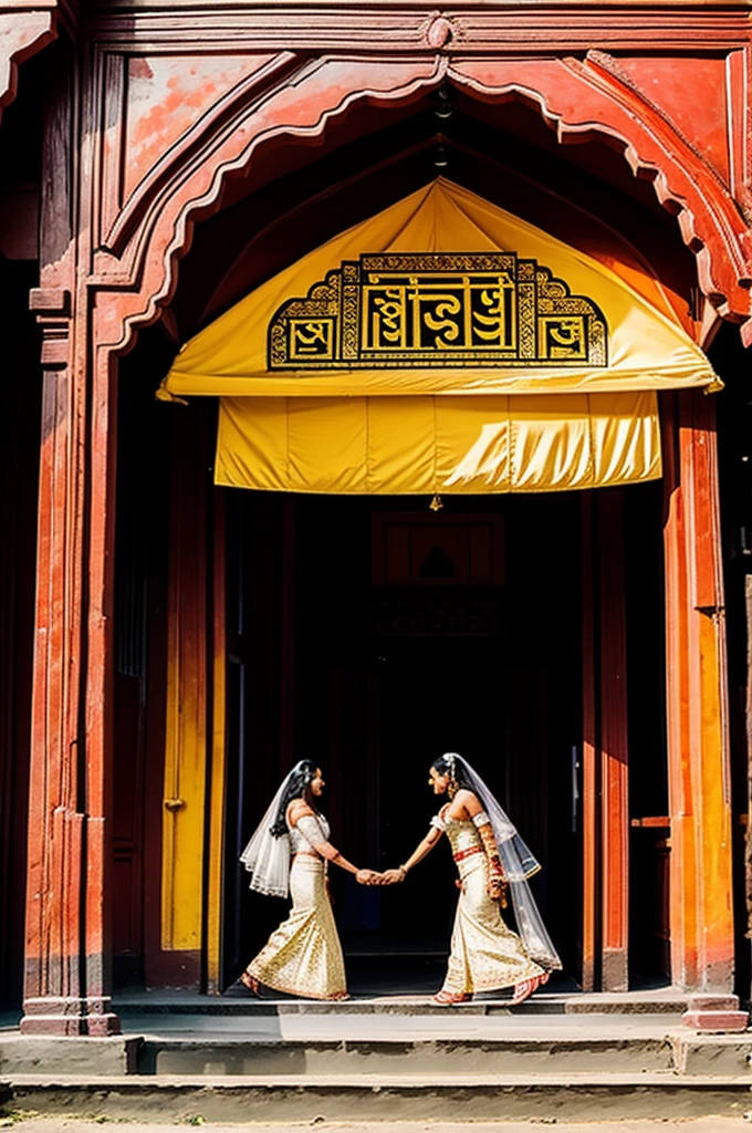 ME AND MY FIANCE ARE GETTING MARRIED IN HINDU CULTURE IN NEPAL. WE ARE TRYING TO PRINT A SIGN STAND FOR OUR WEDDING VENUE, CAN YOU GENERATE A CARTOONIZED  PHOTO OF A WEDDED COUPLE IN NEPALESE HINDU CULTURAL WEDDING ATTIRE TO USE IN THE SIGN STAND- The photo should display myself groom unveiling the veil of my would be wife 