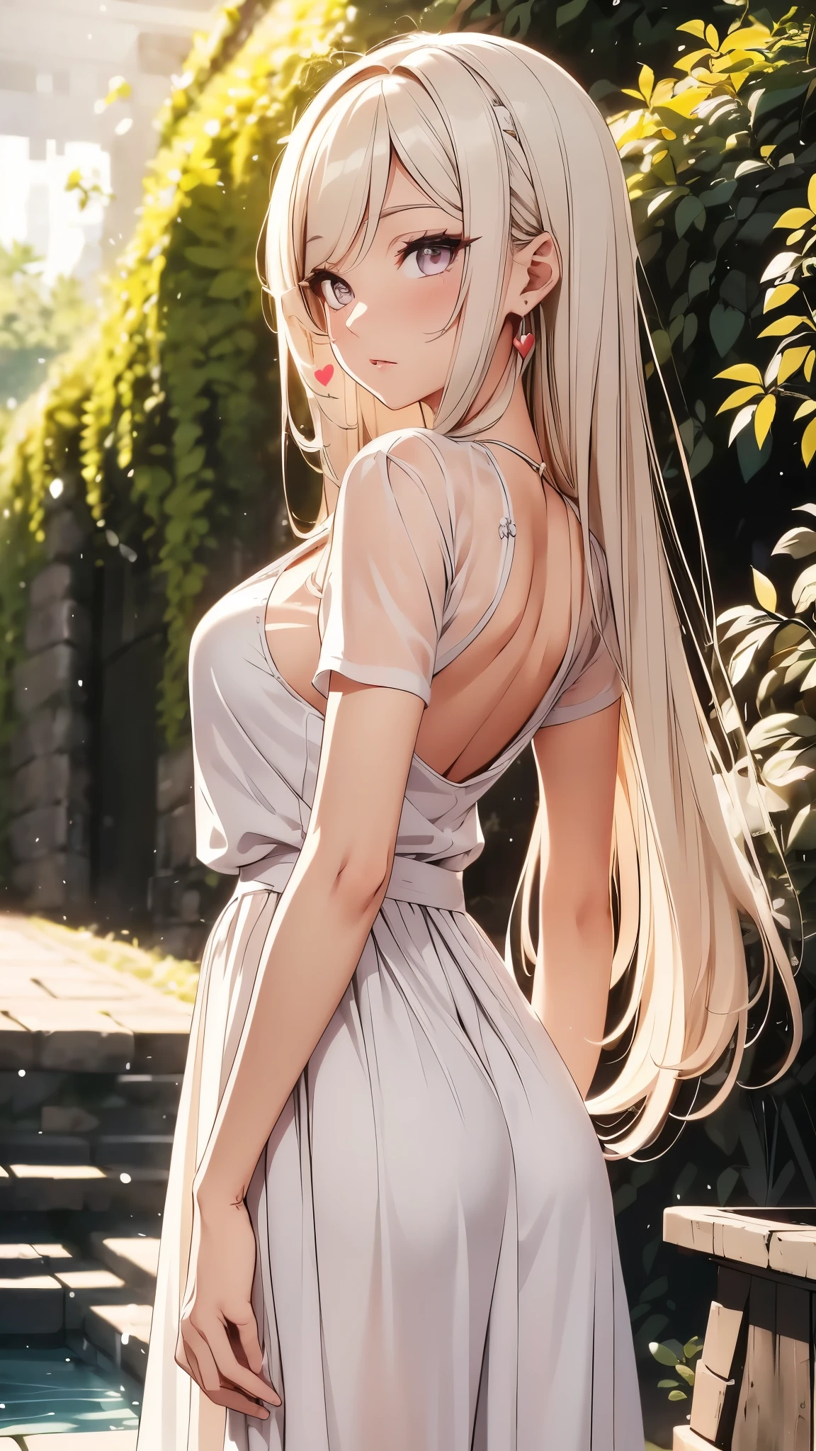 1 lady, Beautiful asian lady, Long straight hair, beautiful face, detailed face, delicate eyes, detailed pupil, beautiful and delicate lips, white camisole long skirt, Simple and stylish, hand drawn animation, high detailed, outdoor, blush, shy, heart, in love, symmetrical clothes, best quality, masterpiece, retina