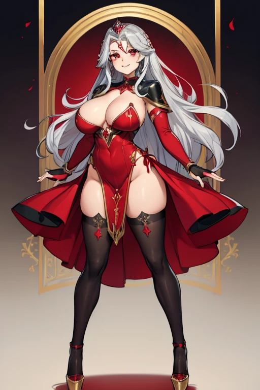 female, silver long hair, red eyes, (((1girl))), (((red regal dress))), (black fingerless opera gloves), (black tights), (red heels), (silver and gold jewelry), cute and sexy, full body, huge breasts, long legs, smiling