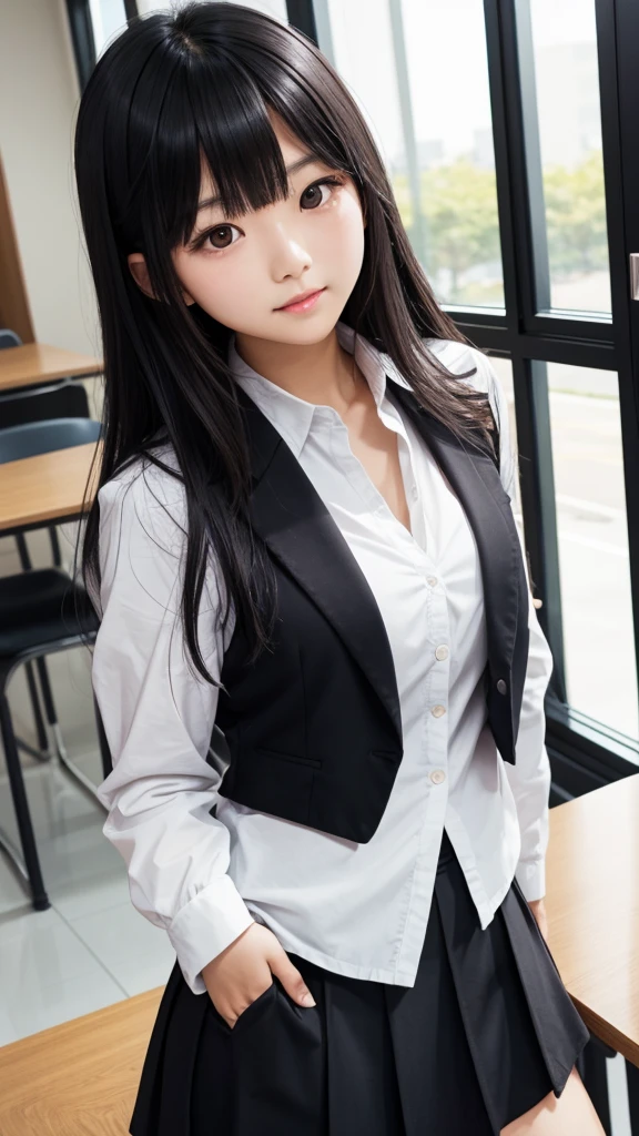 Tabletop、highlight、Asian woman、Black Hair、Heavy bangs、high school girl、blazer、skirt、Gazing Eyes、Support your chest with your arms、