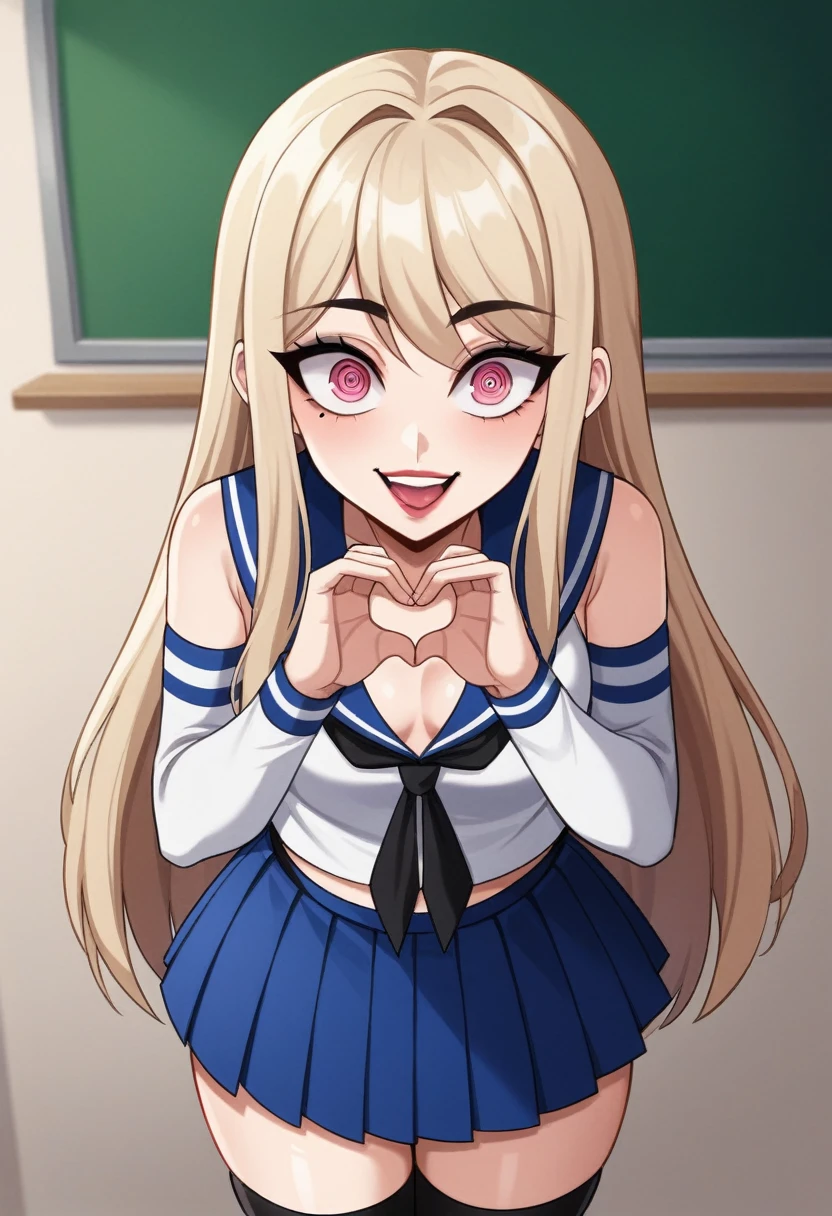 score_9, score_8_up, score_8, (top quality,8k wallpaper),(masterpiece,best quality:1.2), ((source_anime, anime)), 1girl, green eyes, goat pupils, ((very light blonde hair, long hair, straight hair)), fringe bangs, porcelain white skin, geisha makeup, pale skin, small breasts, yandere eyes, crazy smile, wide eyes, jealous, jealousy, very jealous, yandere, sleeveless, blue and white sailor girl top, black tie, black thong straps, ((blue skirt, pleated skirt:1.2)), red and white striped thigh highs, striped thigh highs,, midriff, thong, asymmetrical thigh highs, ((white arm warmers)), standing, classroom, black eyebrows, indoors, bedroom, girly, feminine, egirlthot, standing, obsessive, ((lipstick)), black mascara, black eyeliner, pink eyes, white powdered face, very white face, Goth girl, egirlthot, heart fingers, large eyes, beauty mark, ((super crazy eyes, very wide eyes, insane)), giggling, laughing, leaning forward, head tilt, one eye partially closed, s1z3d1ff_t4lk, taller girl, standing, legs straight, bent forwards, arched back, hands on knees, cleavage, breasts squished between arms, [[from below]:0.5], pov, eye contact, in a bedroom, simple background, 