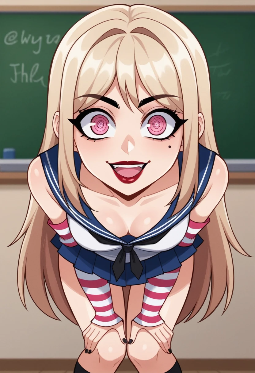 score_9, score_8_up, score_8, (top quality,8k wallpaper),(masterpiece,best quality:1.2), ((source_anime, anime)), 1girl, green eyes, goat pupils, ((very light blonde hair, long hair, straight hair)), fringe bangs, porcelain white skin, geisha makeup, pale skin, small breasts, yandere eyes, crazy smile, wide eyes, jealous, jealousy, very jealous, yandere, sleeveless, blue and white sailor girl top, black tie, black thong straps, ((blue skirt, pleated skirt:1.2)), red and white striped thigh highs, striped thigh highs,, midriff, thong, asymmetrical thigh highs, ((white arm warmers)), standing, classroom, black eyebrows, indoors, bedroom, girly, feminine, egirlthot, standing, obsessive, ((lipstick)), black mascara, black eyeliner, pink eyes, white powdered face, very white face, Goth girl, egirlthot, heart fingers, large eyes, beauty mark, ((super crazy eyes, very wide eyes, insane)), giggling, laughing, leaning forward, head tilt, one eye partially closed, s1z3d1ff_t4lk, taller girl, standing, legs straight, bent forwards, arched back, hands on knees, cleavage, breasts squished between arms, [[from below]:0.5], pov, eye contact, in a bedroom, simple background, 