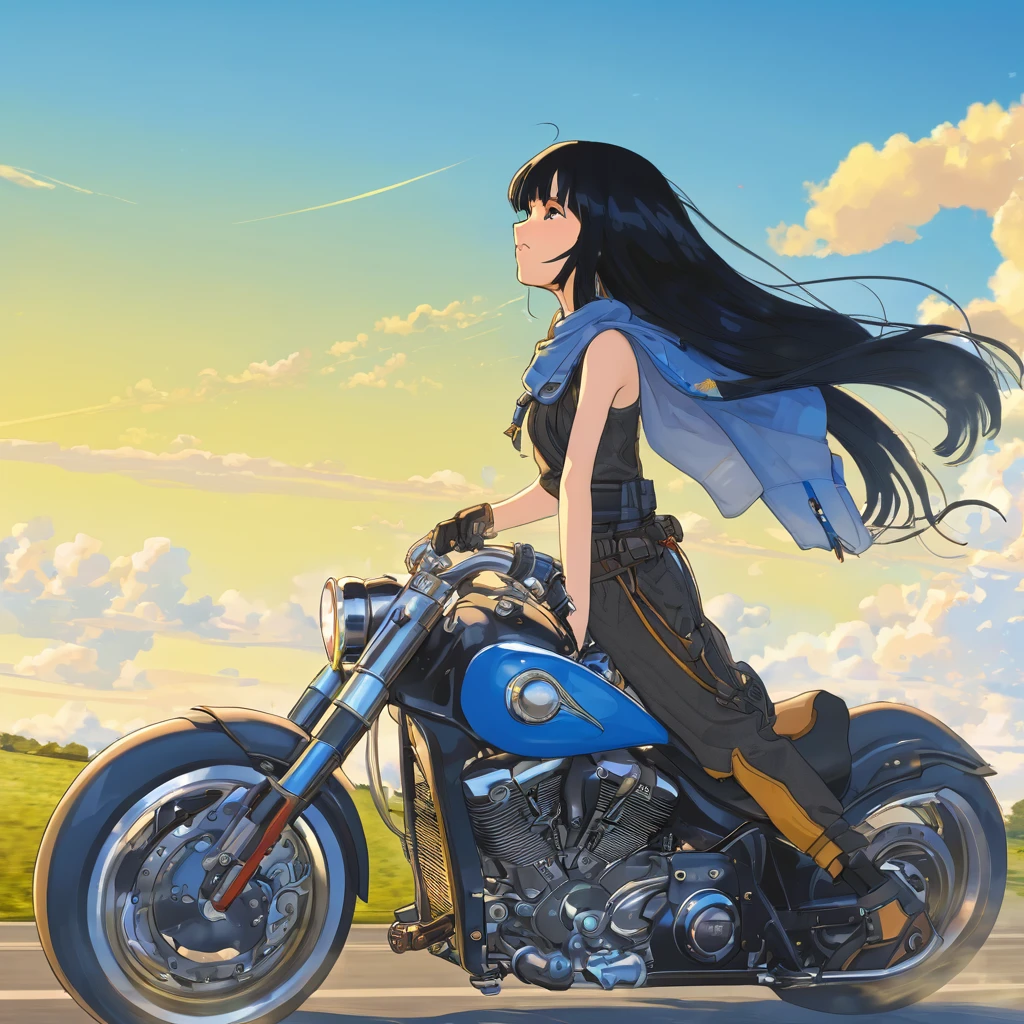 Girl, booster, engine, black hair, fantasy, fast, blue sky, two-dimensional