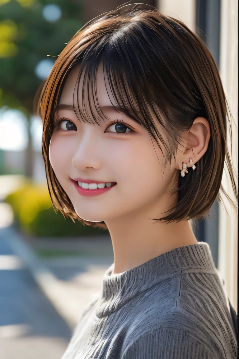 Highest quality, (beautiful)、university student、smile、、Semi-short hair、Earrings、Big 、The wind is blowing