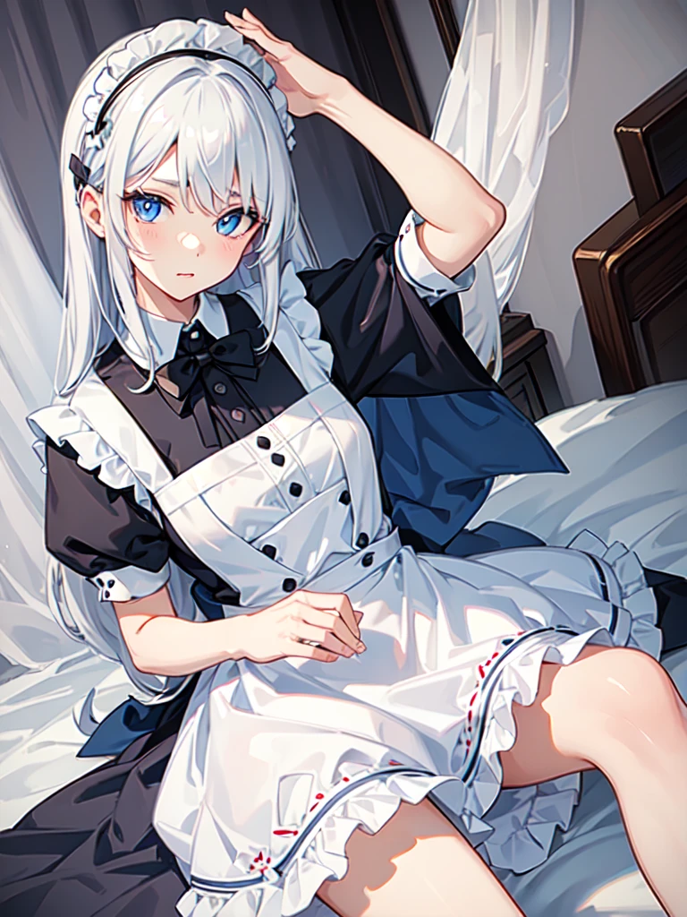 Girl with white hair and blue eyes wearing cute maid outfit 