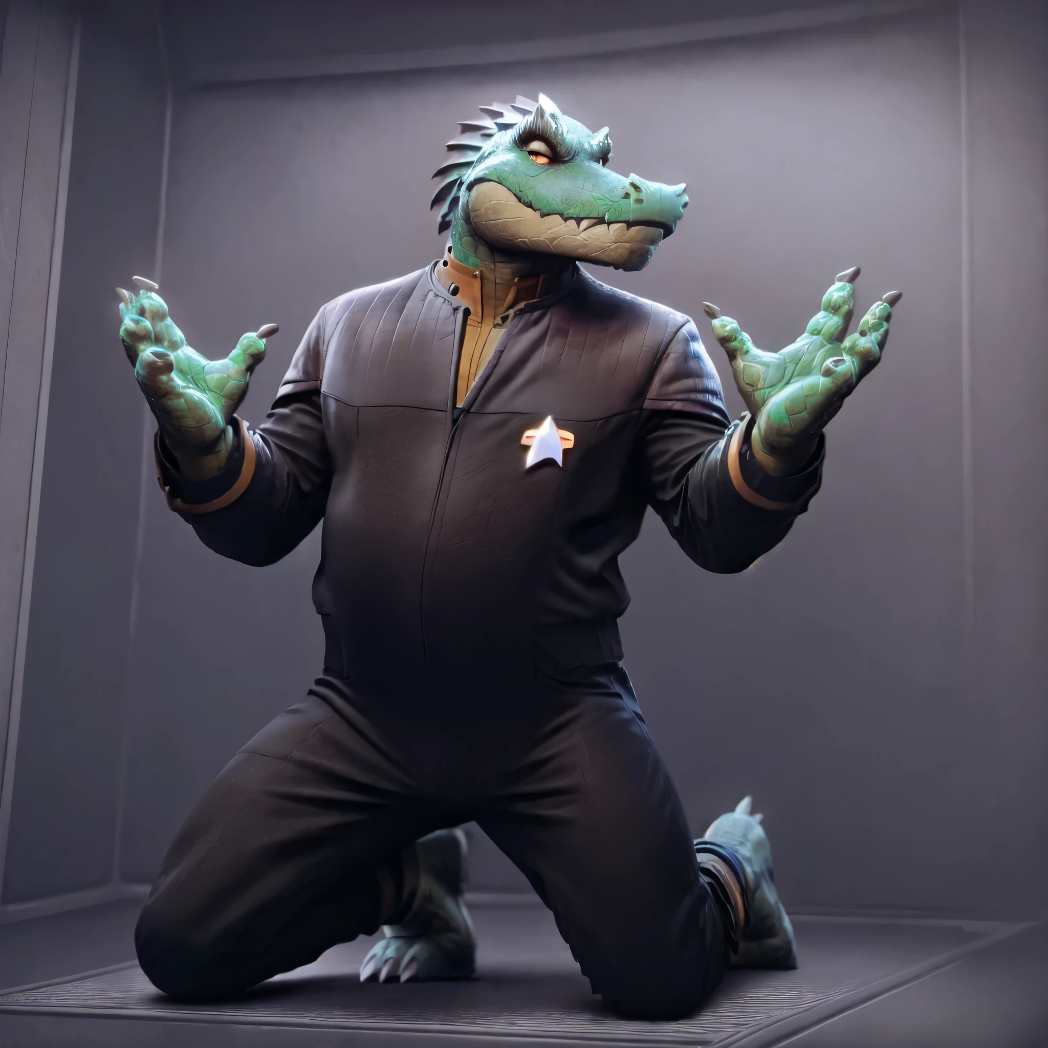 (((Barefoot scaley character, full body, cinematic setting, furry male, plantigrade))) 
Doctor (((kingkrool))), crocodile, green skin, reptile, gold bracelets, scales, bloodshot eye, fat, obese,
exudes confidence and authority, wears star trek DS9 doctor teal uniform, ((ds9st, black and grey star trek uniform, grey shoulders, teal neck, black jumpsuit, black pants)) dynamic pose, holding medical tricorder
((starship interior with many screens and consoles)), futuristic look, metalic, bright colors
BREAK, intricate details, highly detailed, extreme detail, octane render, fine art, best quality, highres, (detailed face:1.5), ((full_body)), UHD, (((perfect hands))), ((low light:1.5))