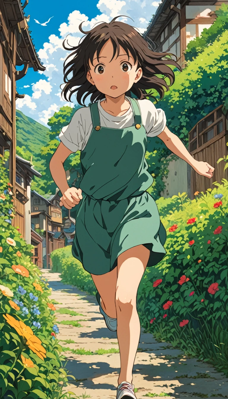 スタジオGhibli styleアニメ映画,Movie stills,Representative works,Official Art,Professional,Super intricate details, Highest quality,8Kのmasterpiece,Super detailed,超A high resolution,High resolution,Depth of written boundary, High background image quality,(masterpiece:1.5), Ghibli style,((((1 girl:1.9,solo)))),Running girl,10-year-old girl, The wind is blowing,Girl&#39;s back view,Shorts,Wearing a straw hat,