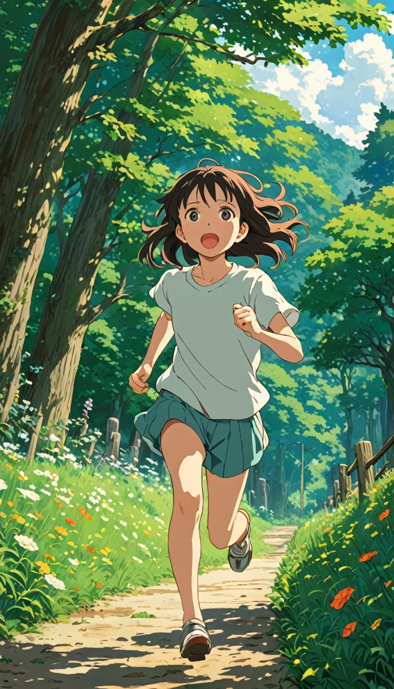 スタジオGhibli styleアニメ映画,Movie stills,Representative works,Official Art,Professional,Super intricate details, Highest quality,8Kのmasterpiece,Super detailed,超A high resolution,High resolution,Depth of written boundary, High background image quality,(masterpiece:1.5), Ghibli style,((((1 girl:1.9,solo)))),Running girl,, The wind is blowing,Girl's back view,Shorts,Wearing a straw hat,