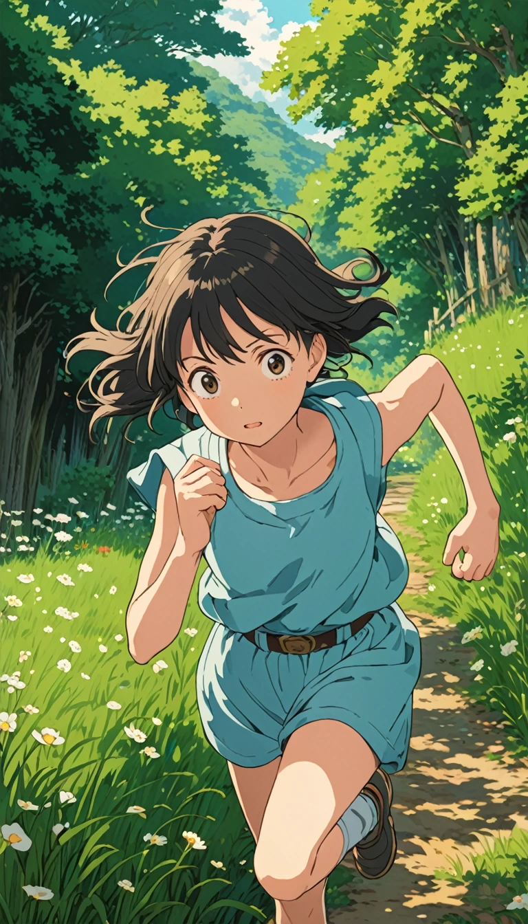 スタジオGhibli styleアニメ映画,Movie stills,Representative works,Official Art,Professional,Super intricate details, Highest quality,8Kのmasterpiece,Super detailed,超A high resolution,High resolution,Depth of written boundary, High background image quality,(masterpiece:1.5), Ghibli style,((((1 girl:1.9,solo)))),Running girl,, The wind is blowing,Girl's back view,Shorts,Wearing a straw hat,