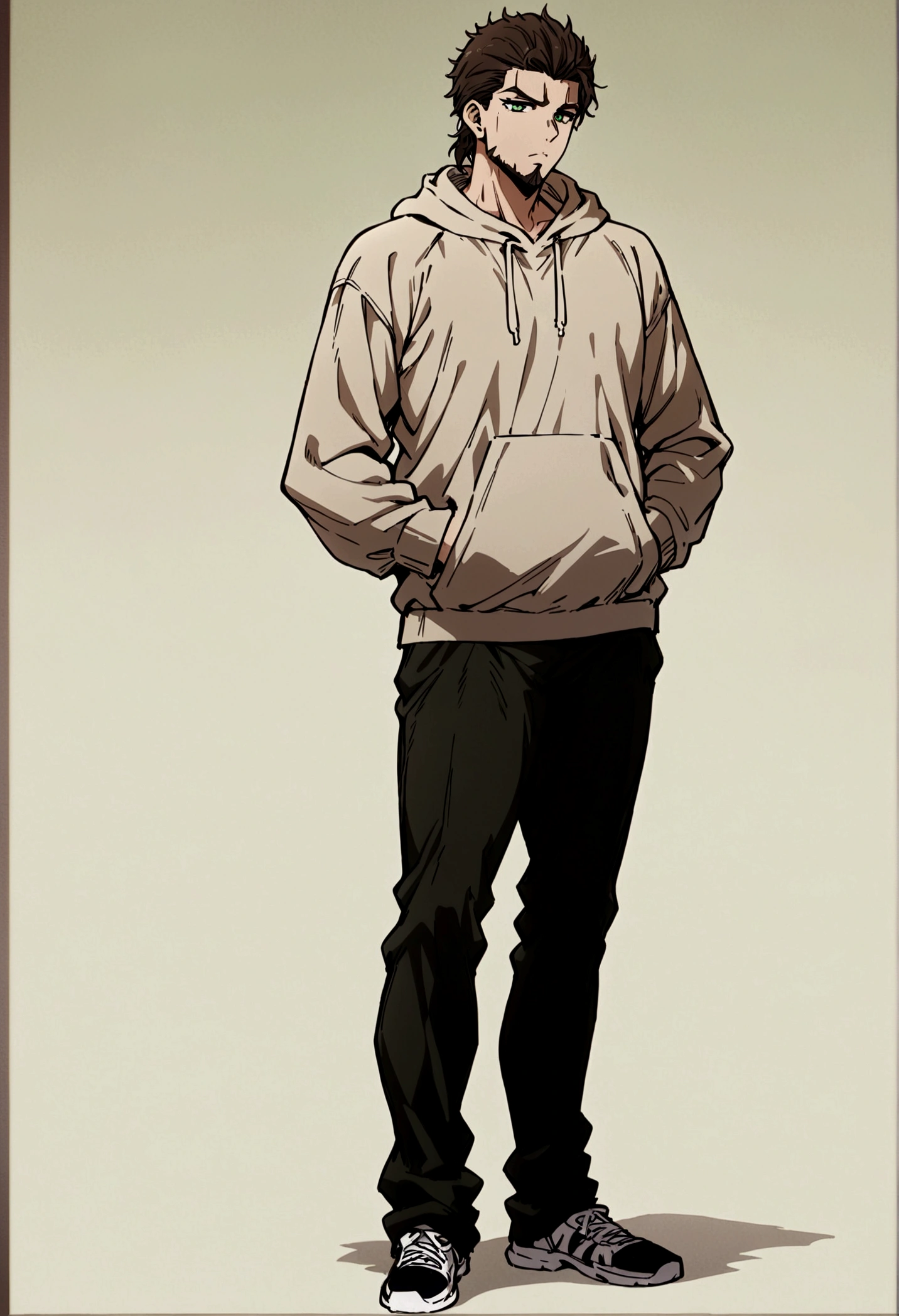 fullbody,masterpiece,standing,light brown hoodie,dark brown short hair,green eyes,(bangs),adult,1boy,solo,light stuble,(beard),slim,