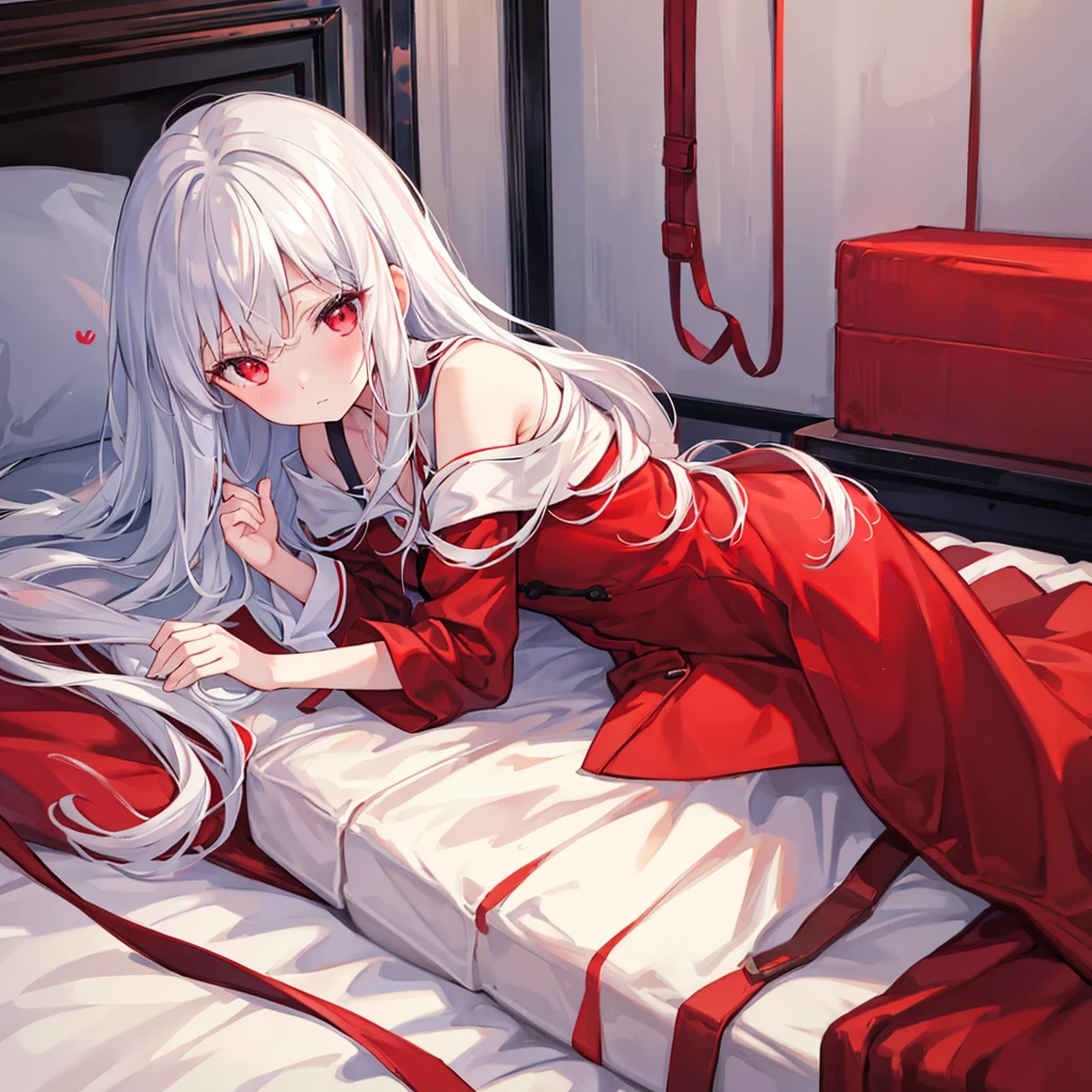 best quality,Practical:1.37),A girl lying on the bed,[Messy long hair],[White hair],[Red Eyes],[Wet clothes]