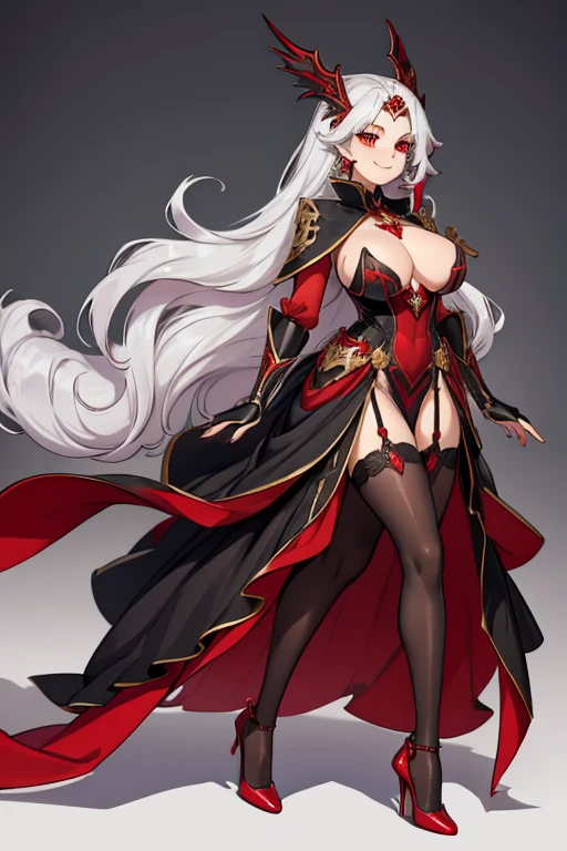 female, silver long hair, red eyes, (((1girl))), (((red regal dress))), (black fingerless opera gloves), (black tights), (red heels), (silver and gold jewelry), cute and sexy, full body, huge breasts, long legs, smiling