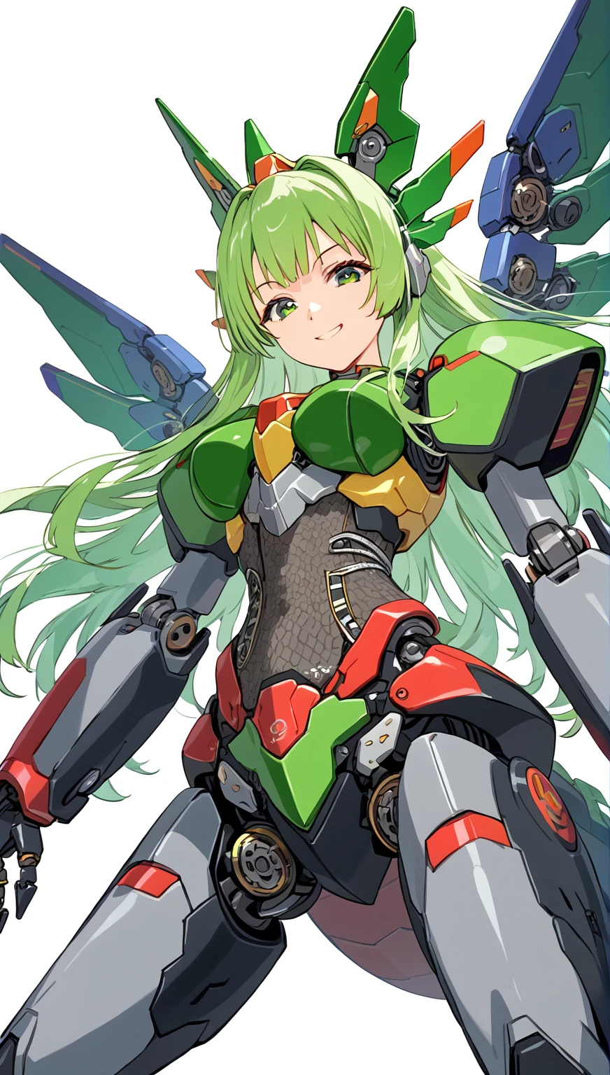[(WHITE BACKGROUND:1.5),::5] masterpiece, absurdres, best quality, best aesthetic, upperbody, 1girl, solo, Green hair, long hair, Green eyes, science fiction, (mecha musume:1.5), mechanical parts, headgear, doragon mechanical wings, ((mechanical dragon Armor)), Evil smile face, (neon light green), Below the knee to upper body