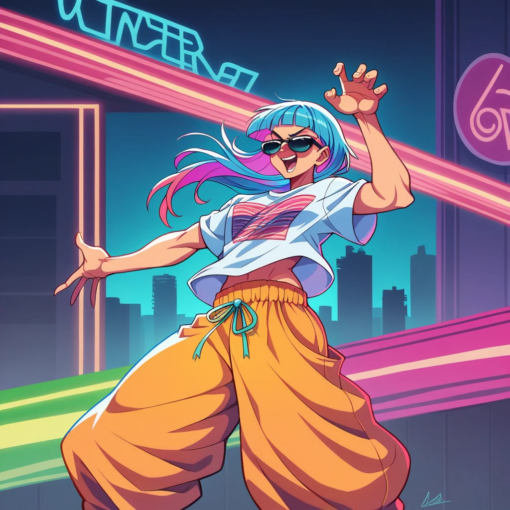 one beautiful Germans girl performing a dynamic popping move, her body locking and popping with sharp, precise movements. Dancer wearing oversized T-shirt and baggy pants,wearing sunglasses,luxury,popping dance pose, urban street style, loose-fitting clothes, vibrant colors, dynamic movement, street dance background, The background is a futuristic cityscape with neon lights. High-quality illustration, vibrant colors, detailed fabric textures. colorful illustrations, highly detailed, high resolution, in the style of digital painting, natural lighting, masterpiece, high definition, in the style of octane rendering, hyper realistic. --ar 5:7 --niji 6