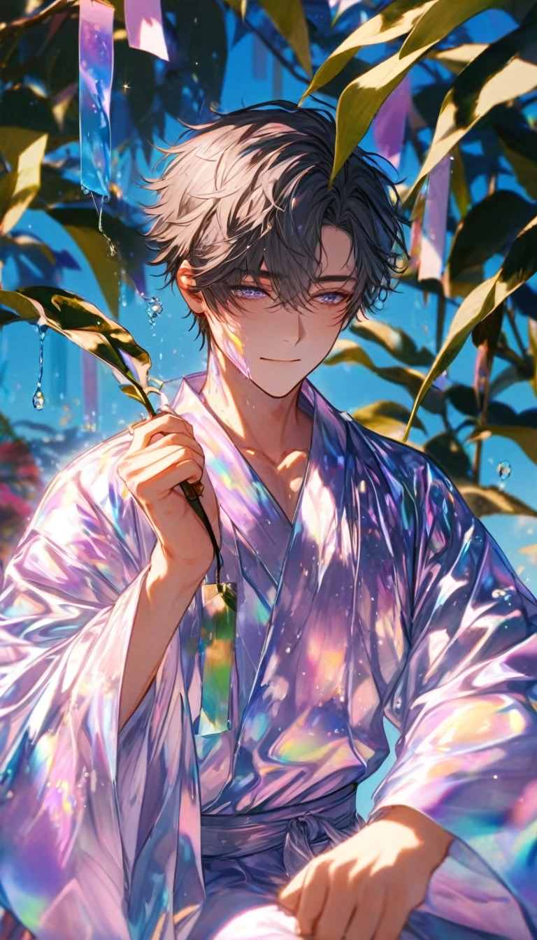 One male、Looking at a large flower、Tanabata、?????、Bamboo Leaves、?????に願いをこめて、yukata,fluid,Particles of light, dream-like,Sparkling,dream-like glow,Paint dripping,Oil,strong stroke,Splash Paint Drop, Boy's(Tanabataライトトレース:1.25),After change (Radioluminescence Light Tracking) スタイルTanabataのSummer festival,Temple Fair,Summer festival,Iridescent、16K, Ultra-high resolution, to be born,wonderful ,future、Iridescent、The world 30 years from now。