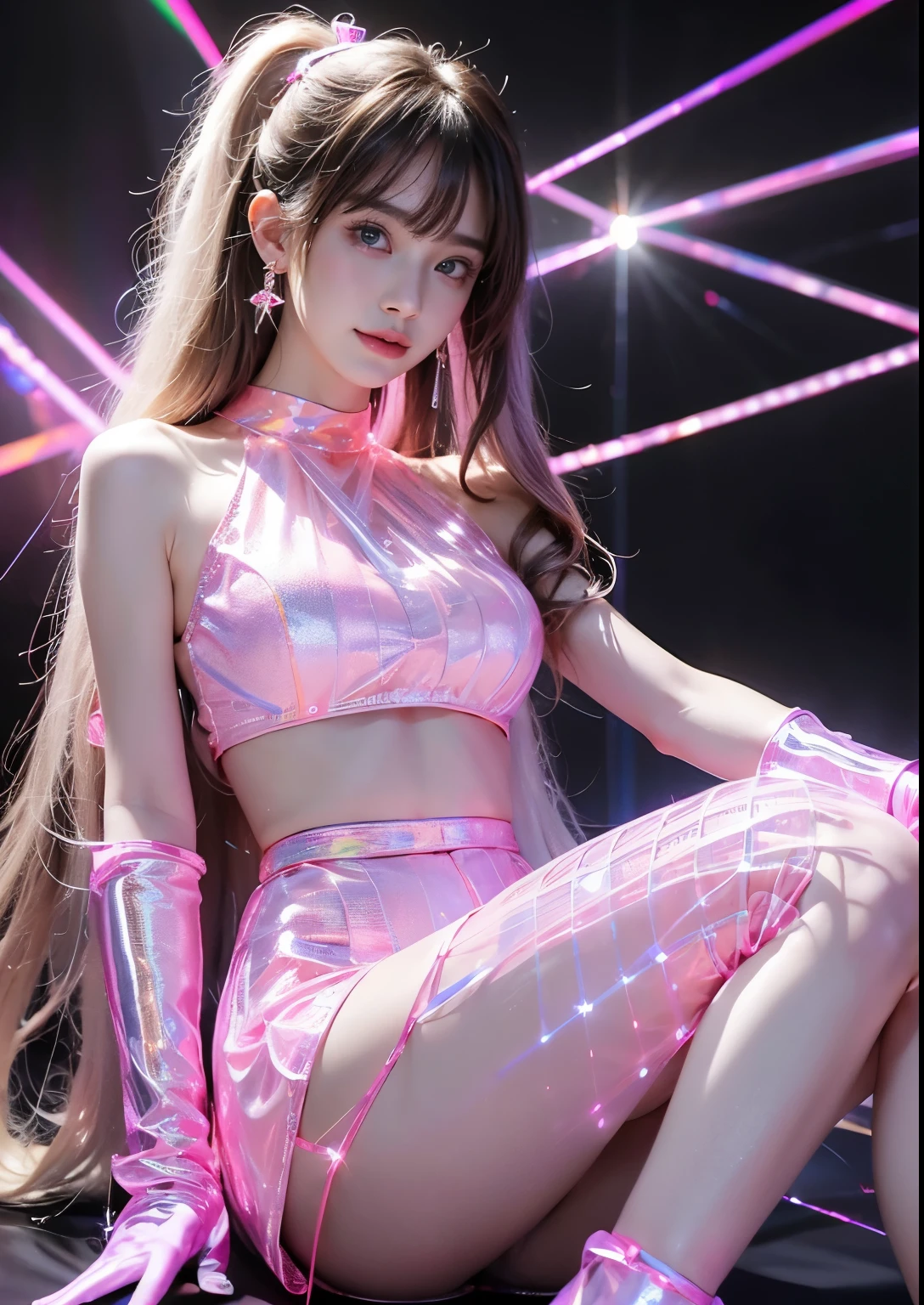 8K, ultra hd, masterpiece, 1 girl, (good face:1.4), detailed eyes, very long hair, impressive hairstyle, earrings, necklace, super round young breasts, (glowing skirt outfit1.5), see-through, (pink laser above knee length outfit:1.2), bright skin, (in the dark:1.5), mystery, (laser lights:1.8), glowing lights, very decoration, The laser falls like water, perfect front body, sitting,