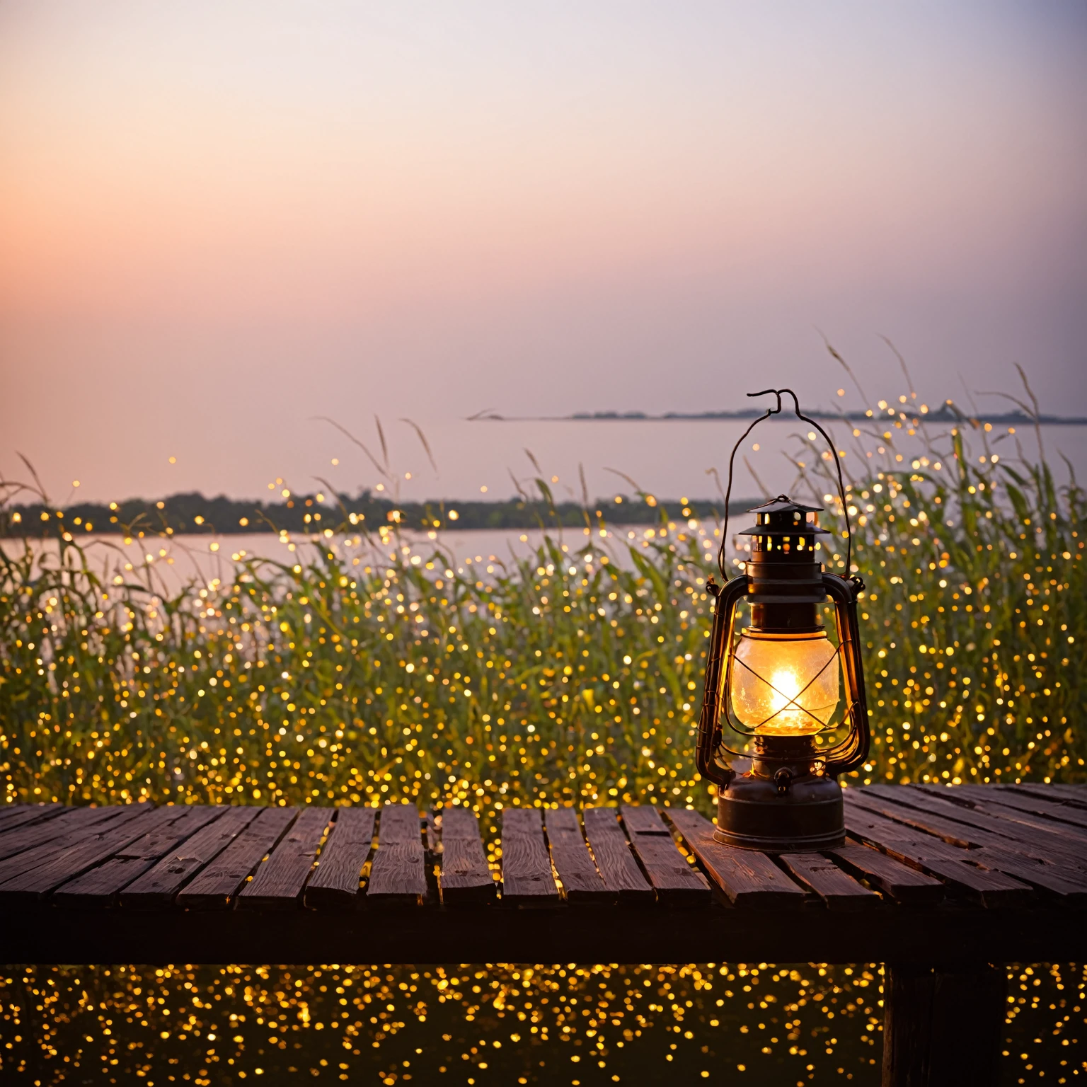 田野里的桌子上有一盏lantern, Summer lighting, lantern, Summer environment, warm light, Romantic Lighting, author:Eero Snellman, Beautiful lighting, bokeh on side of the river, tranquil lighting, shutter, Magical scene