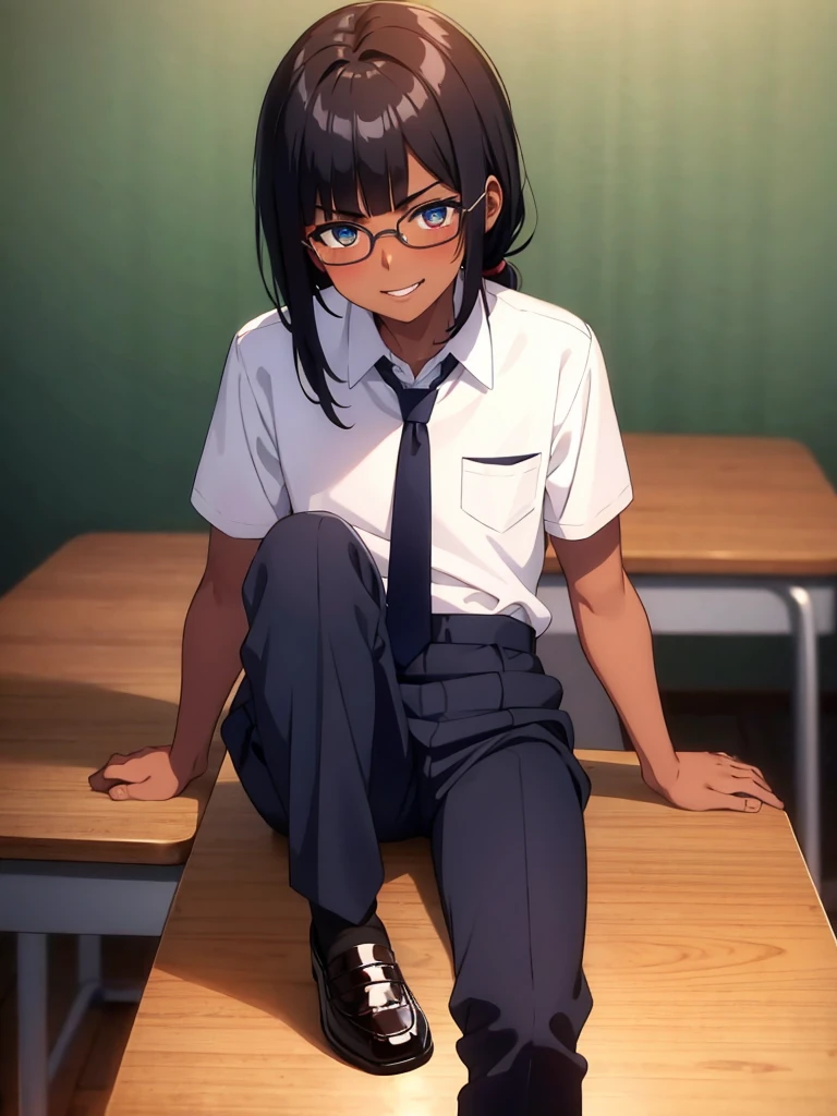 (1 feminine boy solo),(dark skin:1.5),(masterpiece:1.2), highest quality, High resolution, unity 8k wallpaper, (fine and beautiful eyes:1.6), highly detailed face, perfect lighting, Detailed CG, (perfect hands, perfect anatomy),20 years old, (black hair:1.3), detailed eyes, best quality, extremely detailed, very precise detailed, (glasses:1.4), , (straight hair:1.5), (evil smile:1.4) ,long sidelocks, (blush:1.3),(sit on desk:1.3),(Put left knee in front:1.5),(boy's school uniform long pant:1.5),(loosen necktie:1.2),spread legs,bend knee,(open shirt:1.4),(short_sleeves shirt:1.3),(low ponytail),(blunt bangs:1.4)
