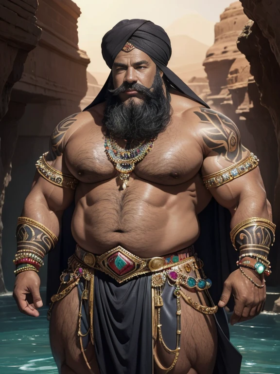 Hyperrealistic image of a full body Superhero Caliph with many jewels and bracelets with a bare torso very sweaty extremely over 80 years old very muscular and fat over 200 kg African American with a bare torso large flabby pecs with a huge turban decorated with huge jewels brown nipples very long gray hair and big gray mustaches with huge tattooed arms in an oasis in the Sahara desert inside a lagoon