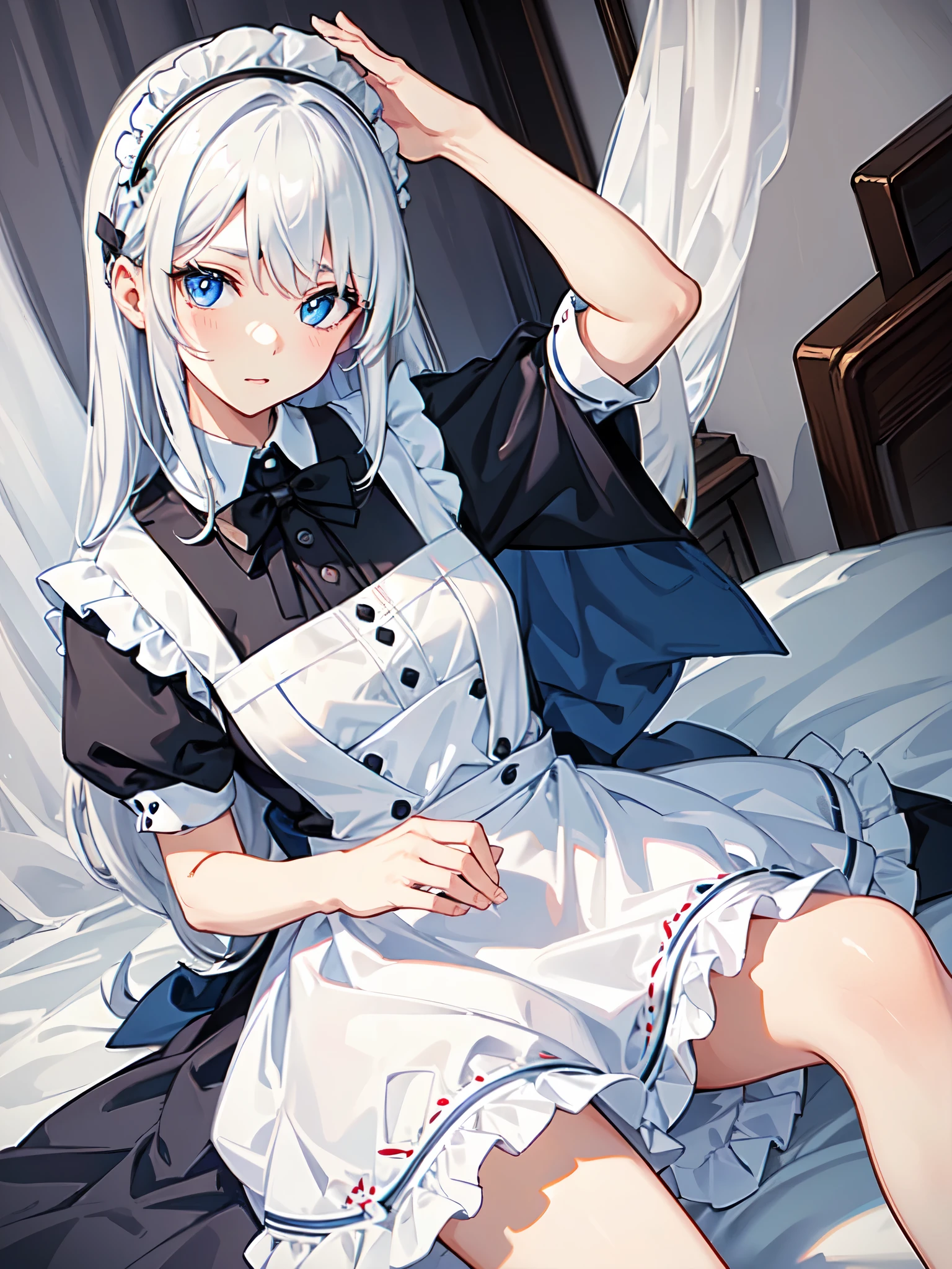 Girl with white hair and blue eyes wearing cute maid outfit