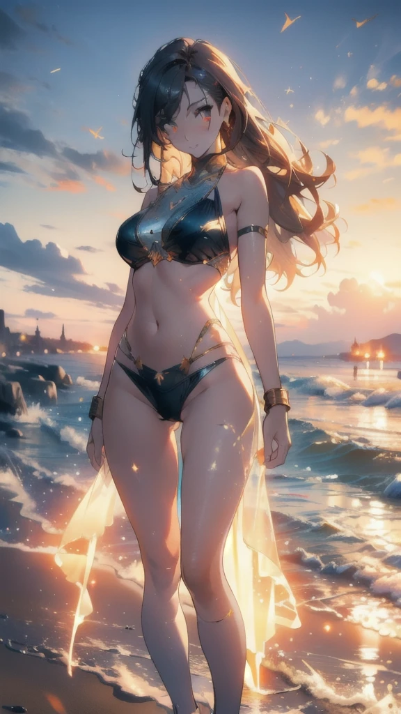 ((masterpiece, best quality)), Epic battlefield atmosphere，Delicate face，goddess，Wheat skin，seaside，Beach，whole body，Standing picture，glowing eyes，Large Breasts，Perfect body proportions，Pure white background，firefly，Transparent sex bikini