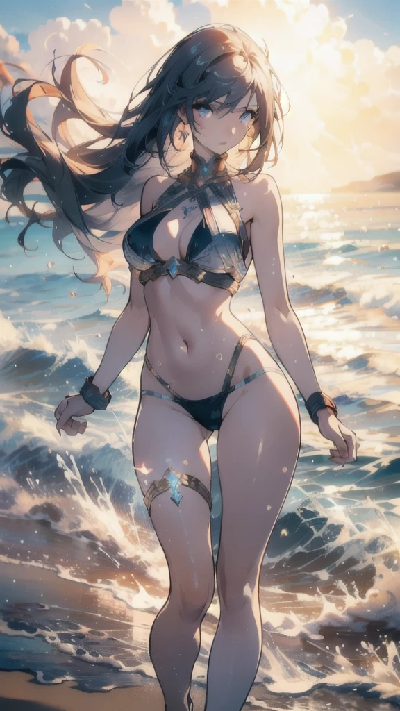 ((masterpiece, best quality)), Epic battlefield atmosphere,Delicate face,goddess,Wheat skin,seaside,Beach,whole body,Standing picture,glowing eyes,Large Breasts,Perfect body proportions,Pure white background,firefly,Transparent sex bikini