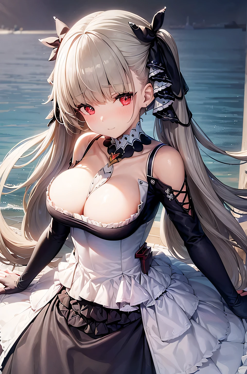 ((dress_default, terrific_default)):1.5,((solo, 1girl)) ((masterpiece,Highest quality,Highly detailed images,Beautiful images、Realistic、Dutch Angle)), (Bright lighting overall、Backlight、A fantastic atmosphere、Thick Fog、Dust flutters),(Dynamic pose、Beautiful cleavage、large breasts)1.2, ((Ocean、On the boat:1.2))((arms behind head))、Black sleeves
