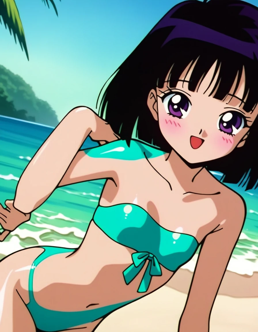 masterpiece, best quality, very aesthetic, absurdres, Sailor Saturn XL, 1990s \(style\), perfect face, perfect composition, moist skin, intricate details, beautiful eyes, (vibrant colors:1.1), BREAK 1girl, solo, teen, short hair, black hair, purple eyes, small breasts, swimsuit, bikini, highleg, shiny clothing, BREAK smile, blush, open mouth, sexy pose, outdoors, beach, blue sky, wind, dynamic angle,