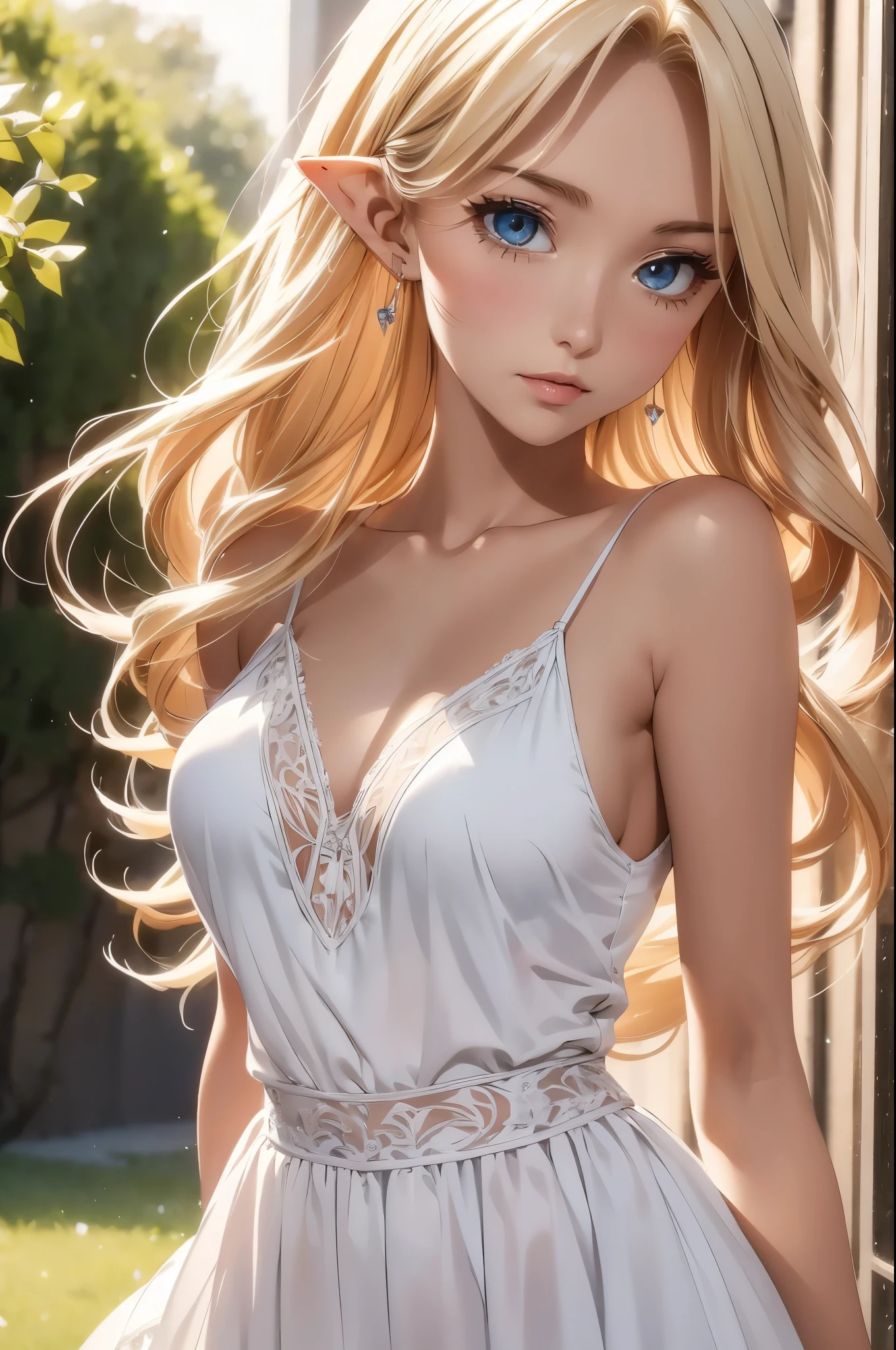 1 lady, Beautiful elf, blonde Long straight hair, long pointy ears, beautiful face, detailed face, delicate eyes, detailed pupil, beautiful and delicate lips, white camisole long skirt, Simple and stylish, crystal earrings, hand drawn animation, high detailed, outdoor, blush, shy, heart, in love, symmetrical clothes, best quality, masterpiece, retina