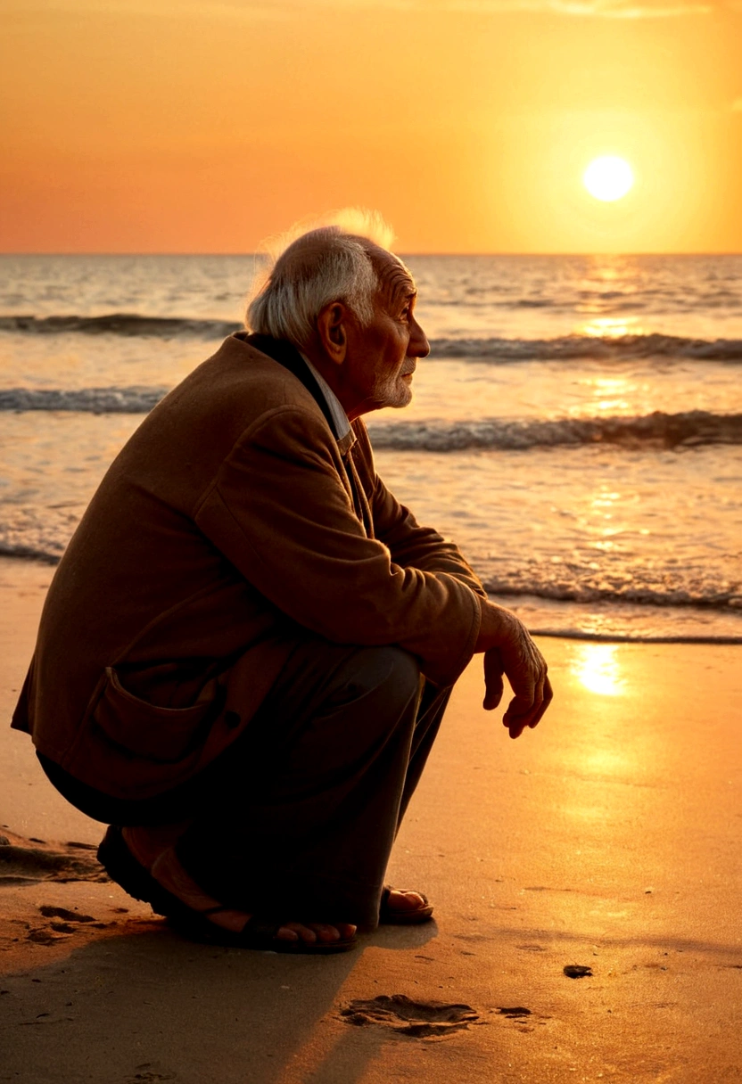 Old man on the seashore. Watching the sunset.