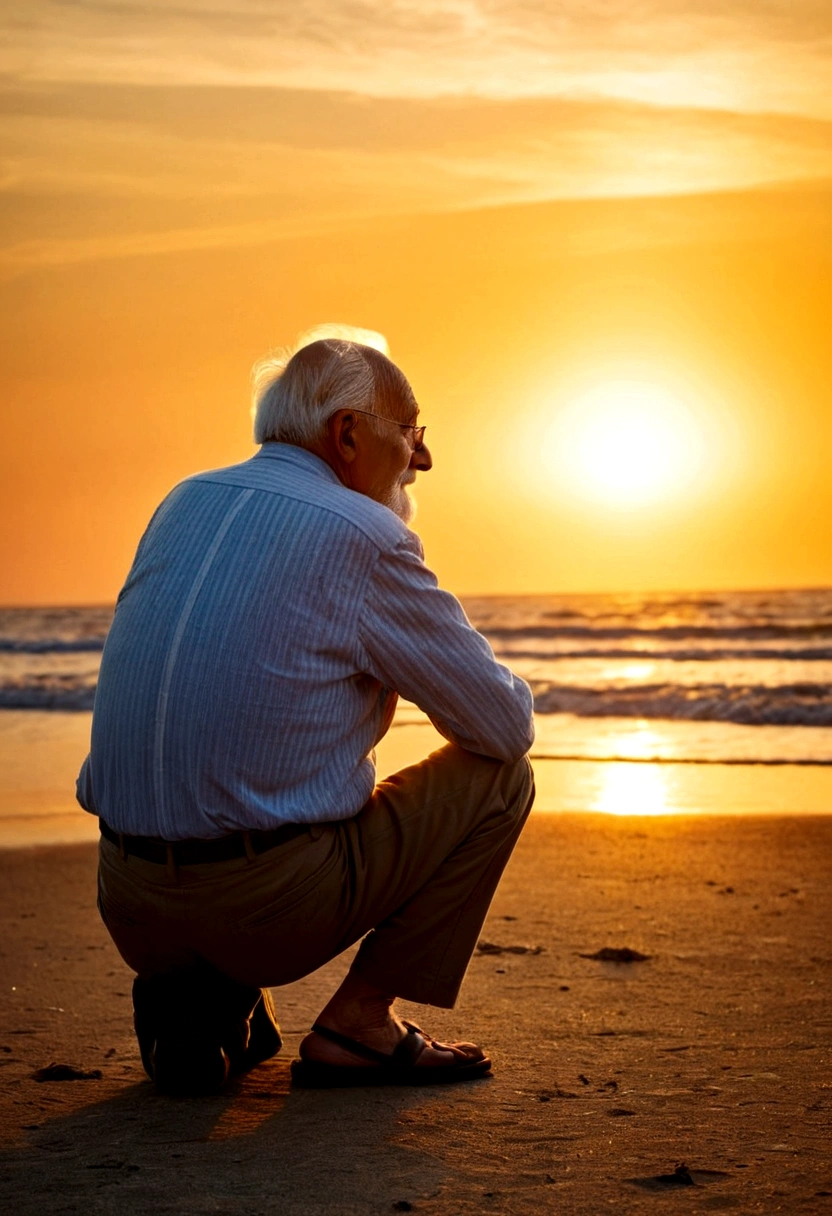 Old man on the seashore. Watching the sunset.