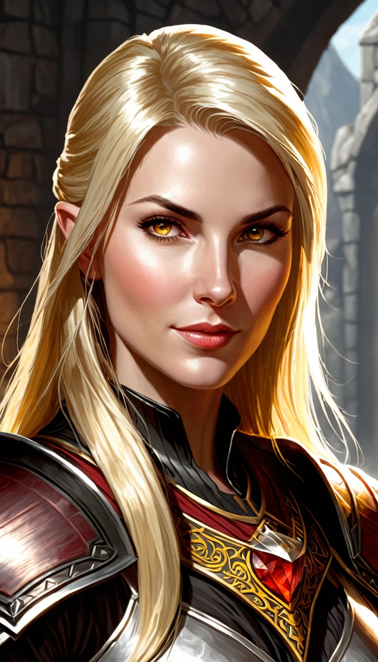 (character portrait for the game Dungeons and dragons), (female 30 years old, spellblade, high charisma), (white skin:0.8, nordic facial features, heavy black makeup, light blue eyes, blond, long, straight hair), (dark fantasy), (heavy platemail armor, gray metallic, cleavage),([dim lights], shadows in the background, red, black, yellow)