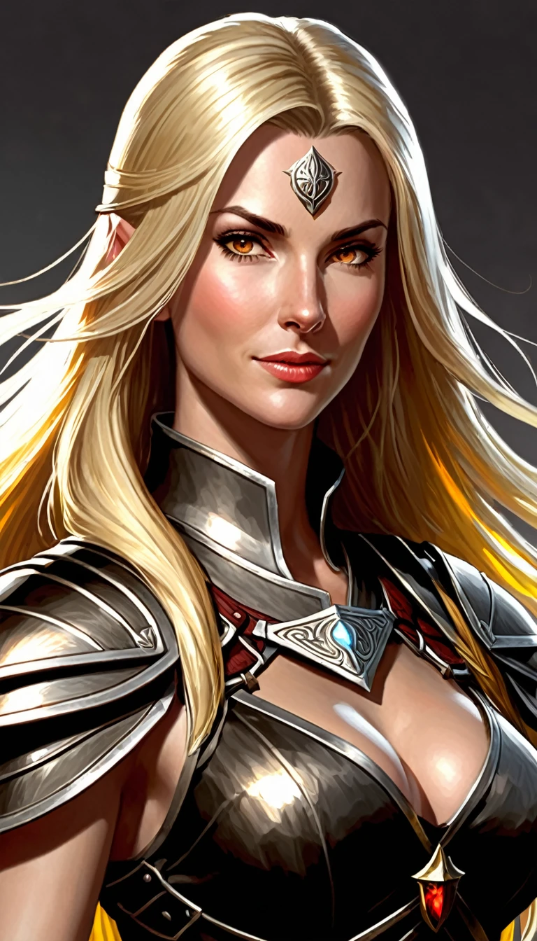 (character portrait for the game Dungeons and dragons), (female 30 years old, spellblade, high charisma), (white skin:0.8, nordic facial features, heavy black makeup, light blue eyes, blond, long, straight hair), (dark fantasy), (heavy platemail armor, gray metallic, cleavage),([dim lights], shadows in the background, red, black, yellow)