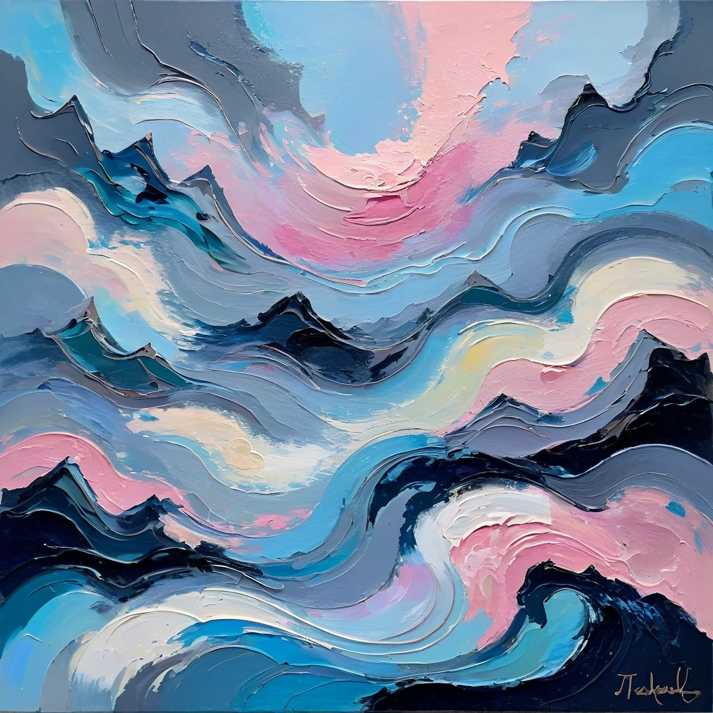 a thick textured oil painting, mass of brushstrokes, dry brushing,revealing lower layers, abstract landscape, moody lighting, dramatic shadows, soft earthy colors, swirly vibrant colors, highy detailed, work of art, using a light pink palette, muted blue, dark gray blue, light blue, very dark gray, and light gray blue
