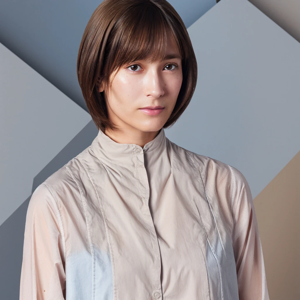 Ultra realistic capture, highly detailed, high resolution 16K close-up of human skin. Skin texture must be natural and detailed enough that pores can be finely identified. Skin should be healthy and even in tone. Use of natural light and color. Cafe. Brown bob cut. Short-sleeved shirt.