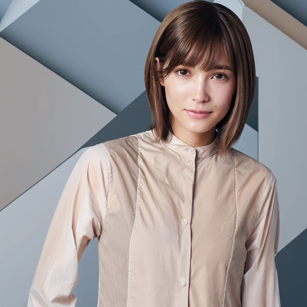 Ultra realistic capture, highly detailed, high resolution 16K close-up of human skin. Skin texture must be natural and detailed enough that pores can be finely identified. Skin should be healthy and even in tone. Use of natural light and color. Cafe. Brown bob cut. Short-sleeved shirt.