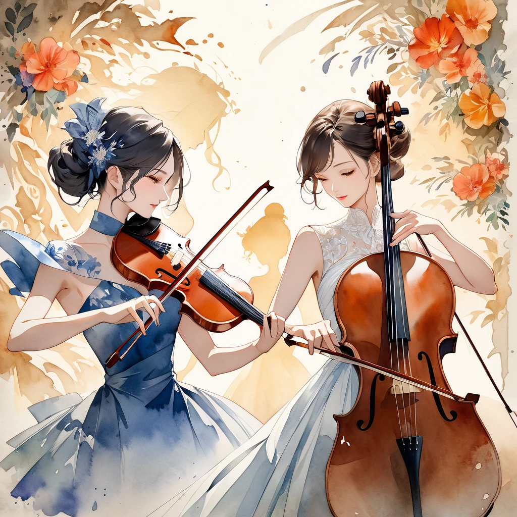 watercolor painting, watercolor detailed art, watercolor splash, art, fusion of paper cutting and shadow puppetry, best quality, super fine, 16k, 2.5D, delicate and dynamic depiction, trio, (piano, violin, cello), three beautiful women performer in dresses, portrait, elegant effects, detailed decorated backgrounds, texture of old paper, abstract painting