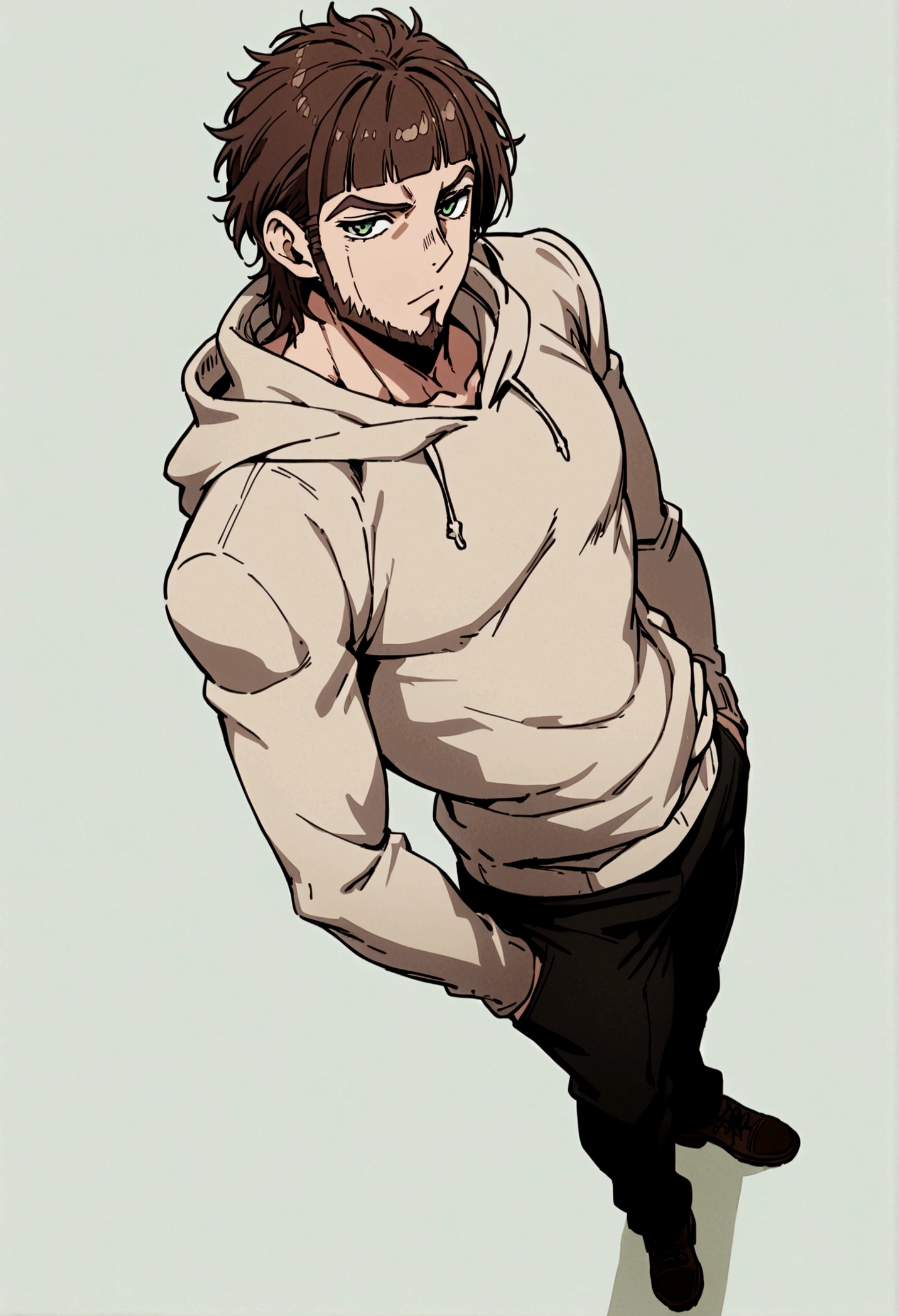 fullbody,masterpiece,standing,light brown hoodie,dark brown short hair,green eyes,(bangs),adult,1boy,solo,light stuble,(beard),slim,