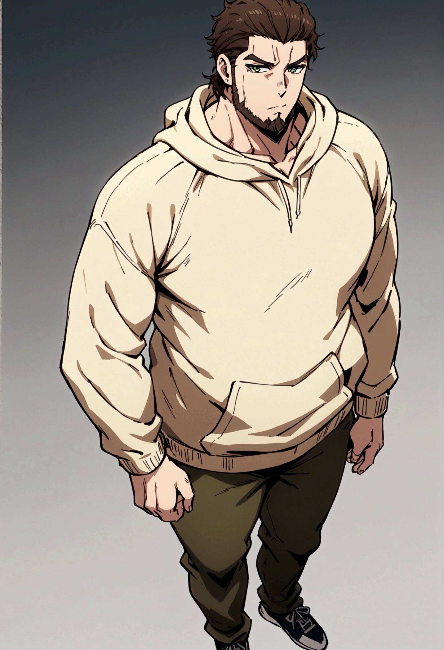 fullbody,masterpiece,standing,light brown hoodie,dark brown short hair,green eyes,(bangs),adult,1boy,solo,light stuble,(beard),slim,
