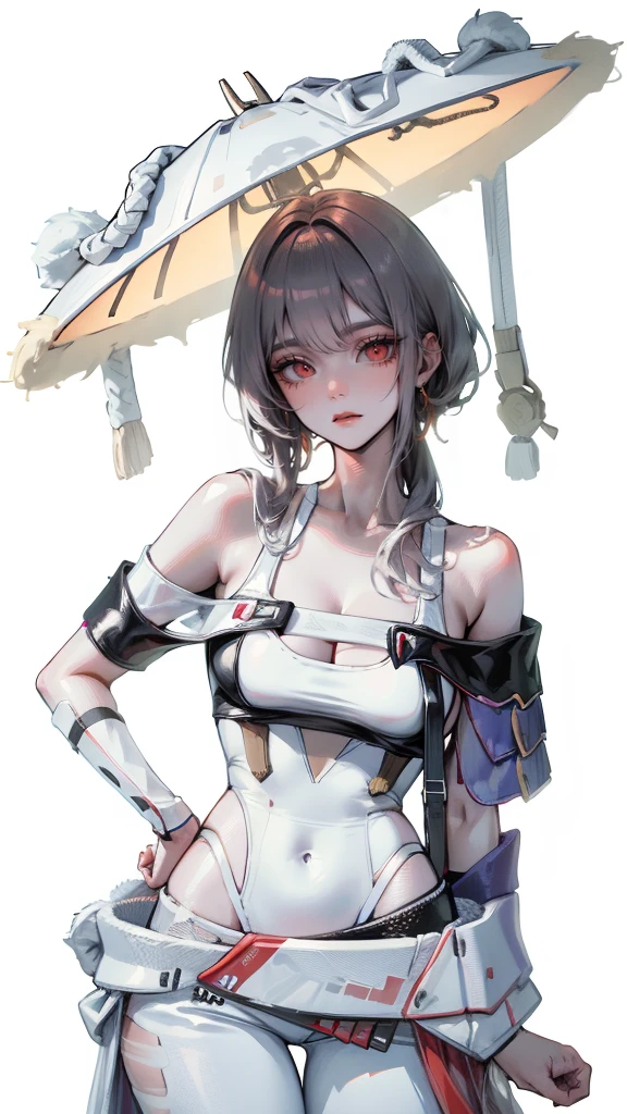 best quality, masterpiece, ultra high resolution, (realistic:1.4), raw photo, 1 woman, Off shoulder, in the dark, deep shadows, low key, cold light, detailed skin, white leotard, white pants, bare shoulders, overskirt, hip vent, hat, Fail